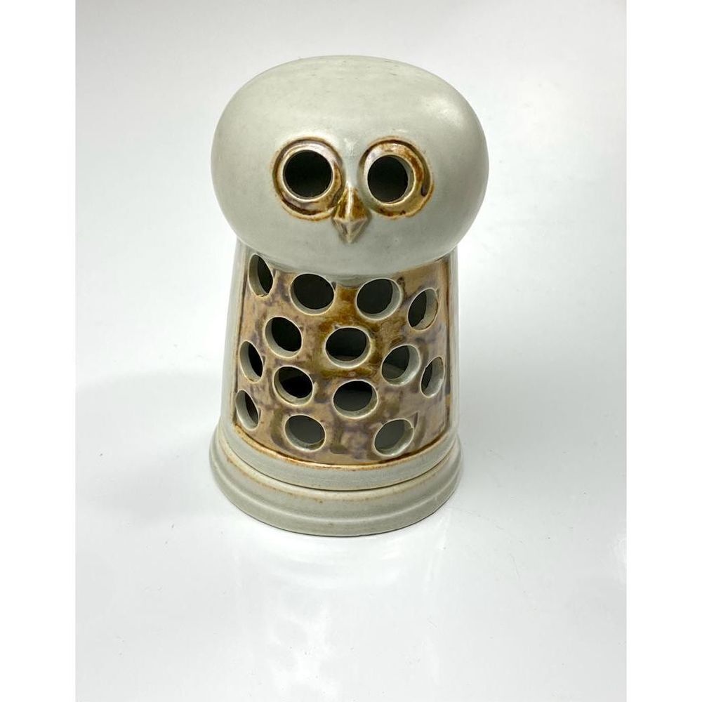 Vintage MCM Stoneware Owl Votive Tealight Candle Holder Brown Gray 2 Piece Decor
